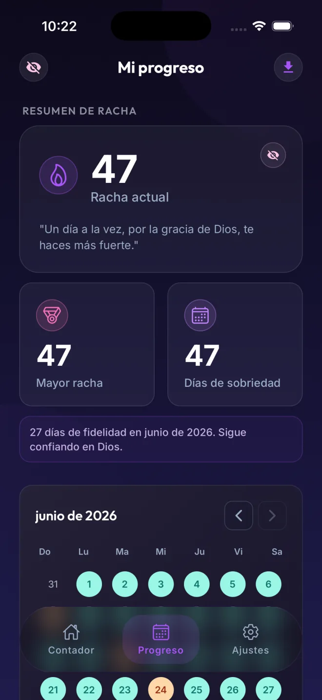 FREE HEART progress screen: 47-day streak with a filled monthly check-in calendar