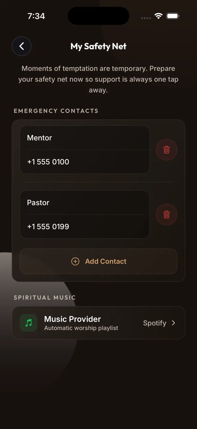 FREE HEART safety net: emergency contacts one tap away in moments of temptation